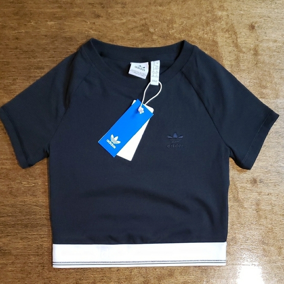 Adidas Ribbed Black Crop Tee Shirt - Picture 1 of 7